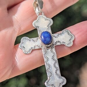 Sterling Silver Lapis Gemstone Cross Pendant Necklace